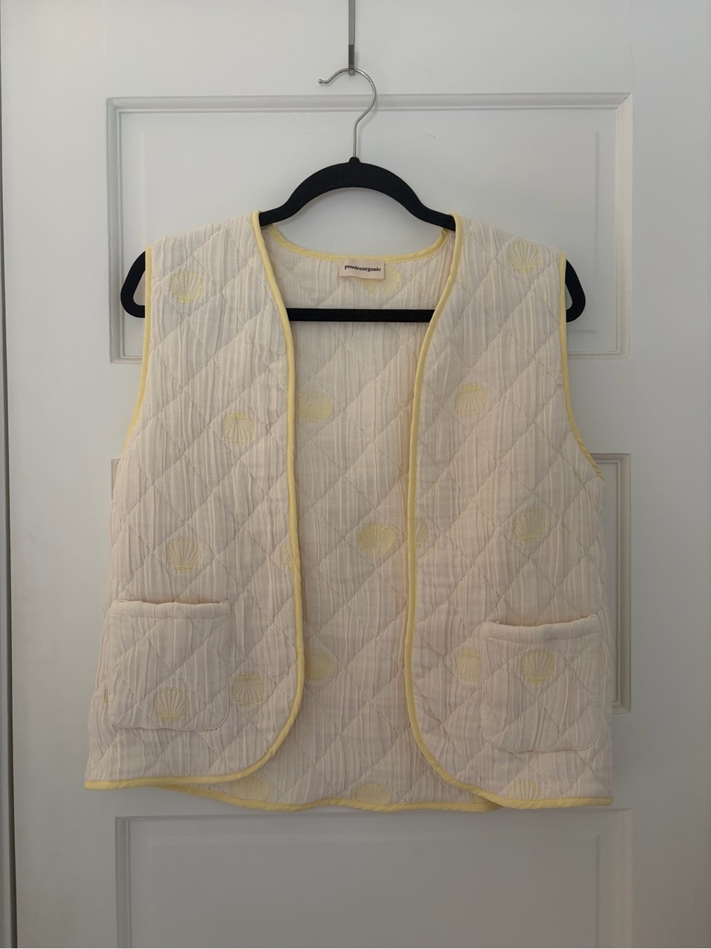 Quilted Embroidered Sleeveless Vest in Cream with Yellow Trim